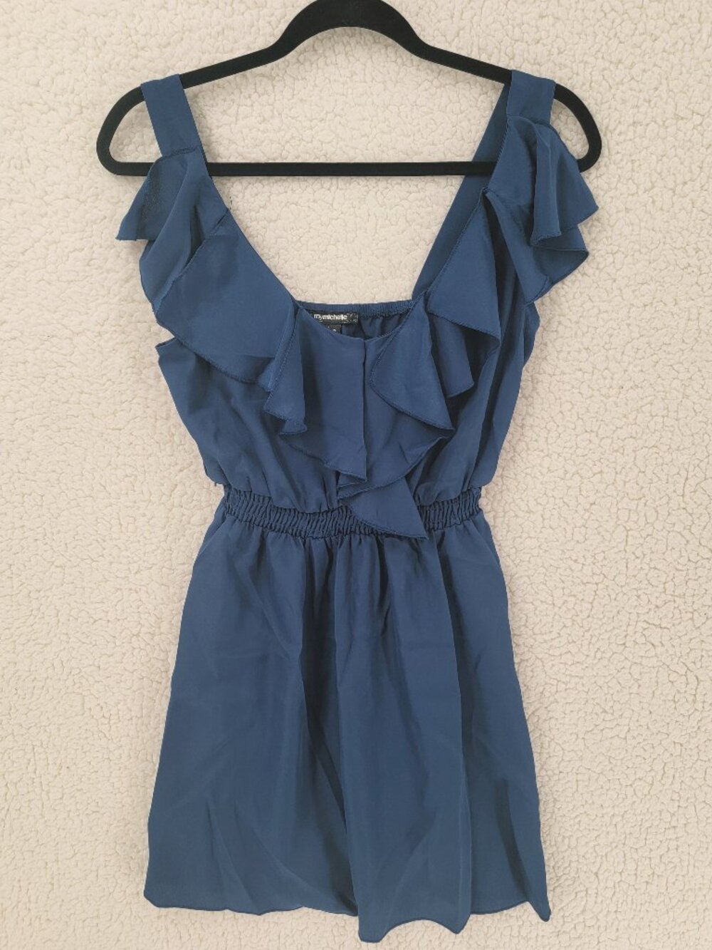 My Michelle Womens Blue Ruffled Sleeveless Mini Dress Size Small